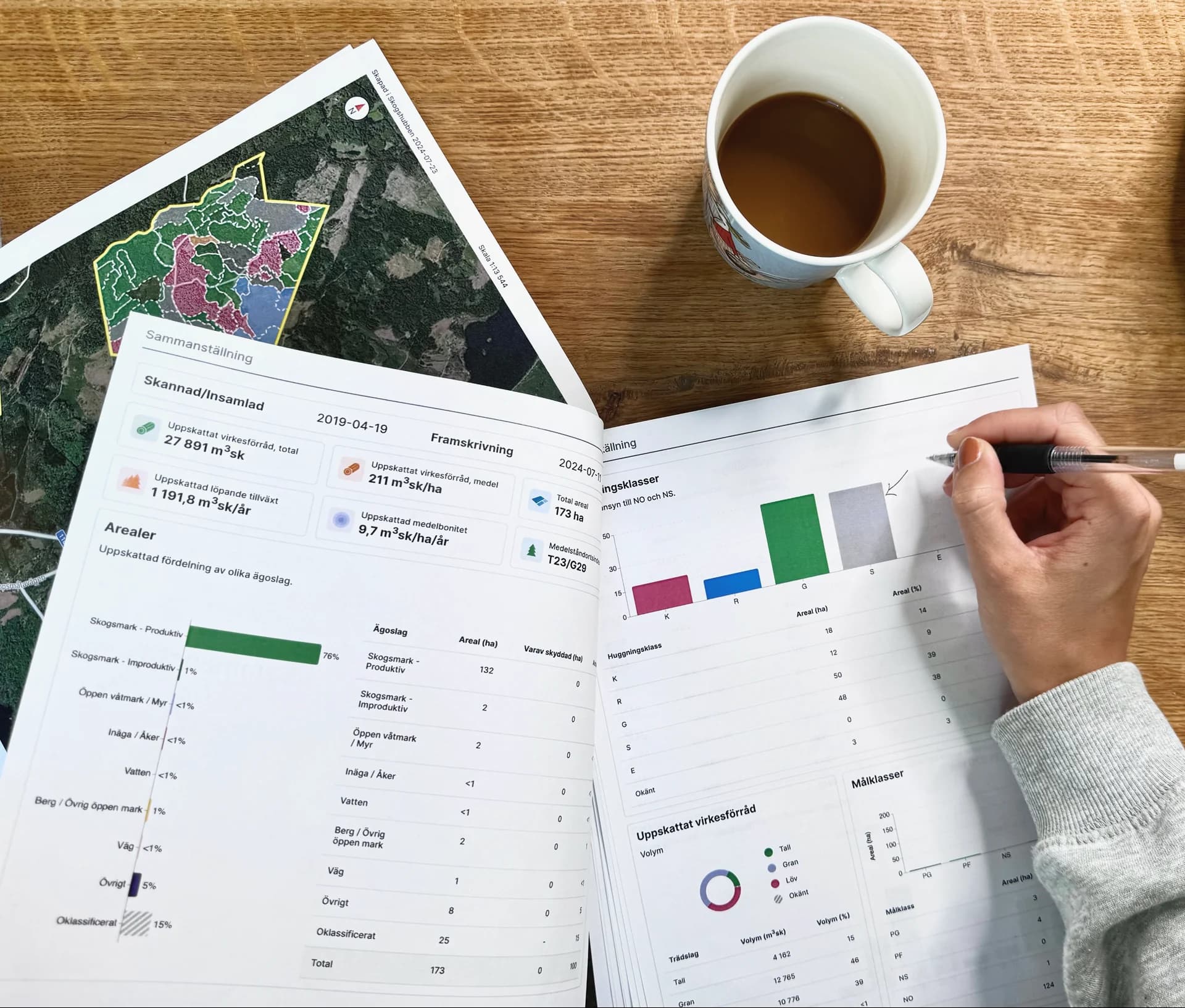 En hand antecknar i en utskriven skogsbruksplan.